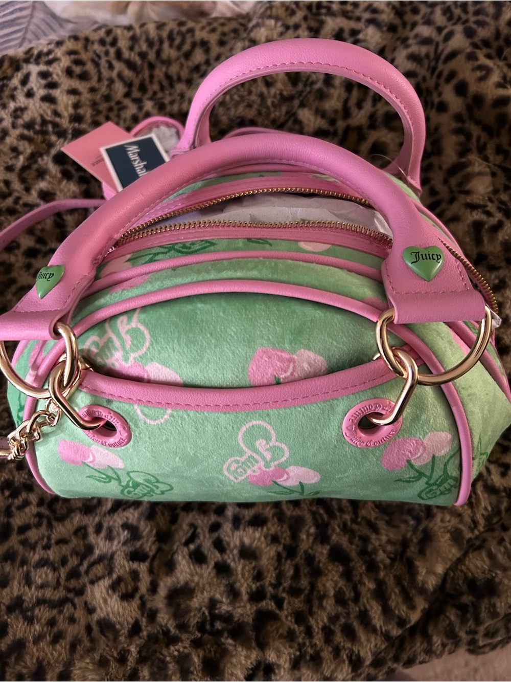 Juicy Couture Pink Trim Green Floral Mini Crossbody with Heart Charm - Picture 2 of 2